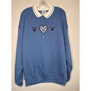 1990s Whim Z Blue Embroidered Hearts Coquette Cottage Collared Sweatshirt XL